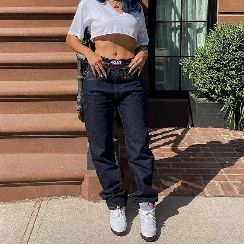 High Waist Straight Cotton Jeans for Women - Casual Wear
